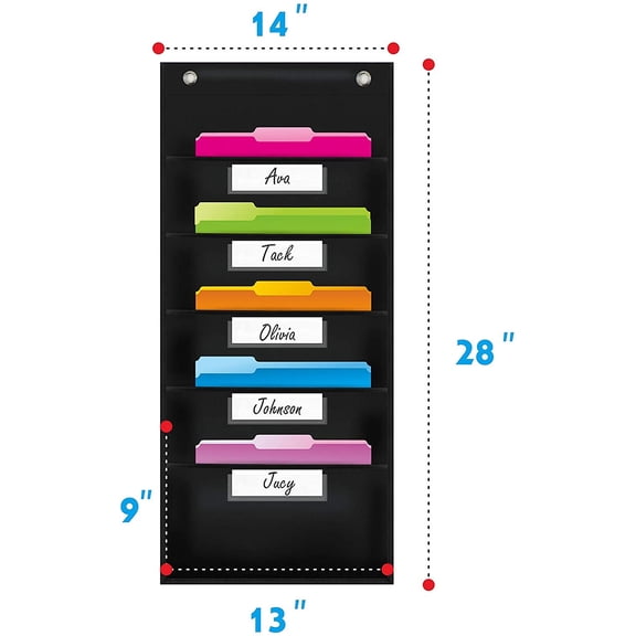 GVDCC-Organization Pocket Chart, Wall File Organizer Folder with 5 File Pockets, 5 Dry-Erase Name Cards Plus 2 Over Door Hooks, 14 X 28 inch
