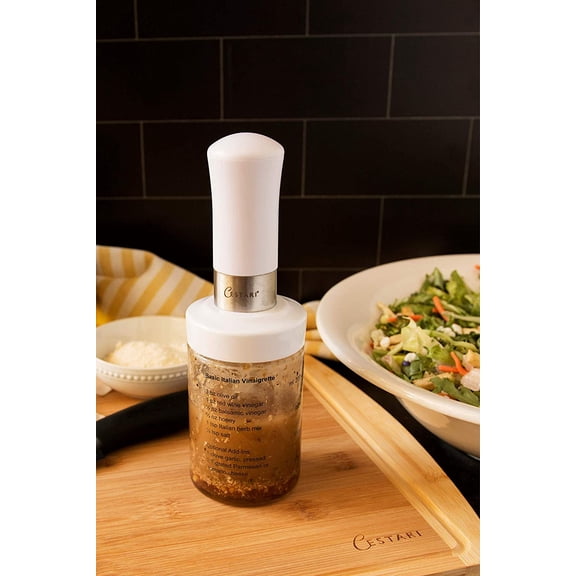 GVDCC-Original Salad Dressing Shaker: Borosilicate Glass Bottle with Mixer Insert, Leak-Proof Salad Dressing Blender and Dispenser with Measurements + Recipes, Reusable Vinaigrette Cruet