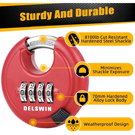 GVDCC-Outdoor Combination Padlock - 4 Digit Heavy Duty Disc Lock with Hardened Shackle,Combo Padlock for Gate,Storage Unit,Fence(25/64" Shackle, Red,1Pcs)