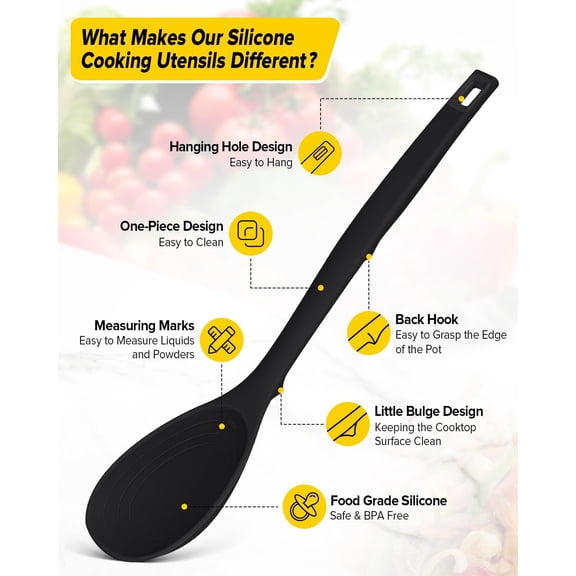 GVDCC-Pack of 2 Silicone Cooking Spoons, Non Stick Solid Kitchen Spoon with Measuring Marks & Back Hooks, Heat Resistant Silicone Slotted Spoon for Cooking, Mixing, Stirring,Serving (BLACK)