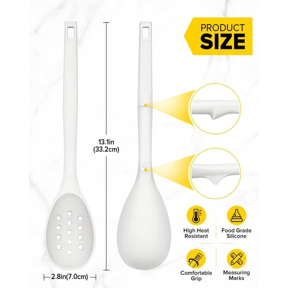 GVDCC-Pack of 2 Silicone Cooking Spoons, Non Stick Solid Kitchen Spoon with Measuring Marks & Back Hooks, Heat Resistant Silicone Slotted Spoon for Cooking, Mixing, Stirring,Serving (WHITE)