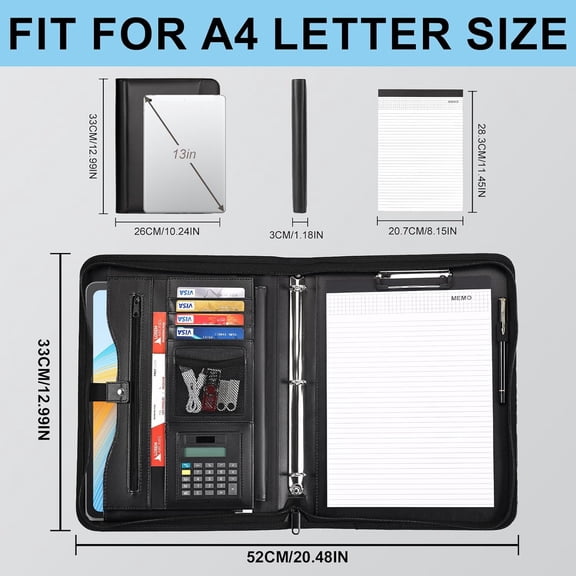 GVDCC-Padfolio for Men Women, Leather Portfolio with Zipper Professional Interview Resume Organizer with Card Holder, Writing Pad & File Folders for Business, Lawyer, Student