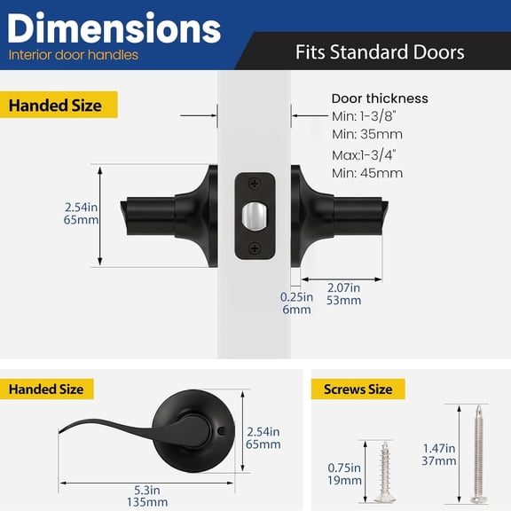 GVDCC-Passage Door Handle Keyless Closet Door Handles Interior Wave Lever Door Handle for Hallway, Reversible for Right & Left, Matte Black