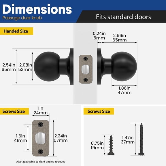 GVDCC-Passage Door Knob - Closet Door Knobs, Keyless Doorknob Interior Door Knob Without Lock for Hallway, Matte Black
