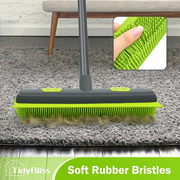 GVDCC-Pet Hair Removal Broom with Squeegee, 55 inches Rubber Brush Carpet Rake Fur Remover Tool and 1 Microfiber Cloth for Cleaning Rug, Tile, Hardwood Floor (Green)