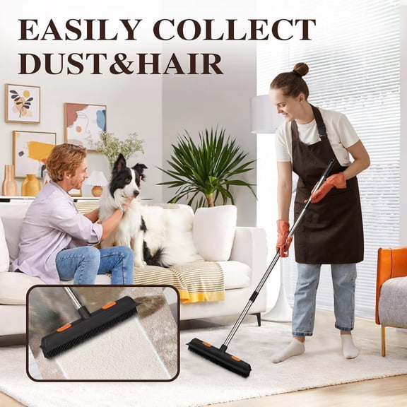 GVDCC-Pet Rubber Broom with 49inch Long Handle, Portable Detailing Lint Remover, Soft Push Broom for Fluff Carpet, Hardwood, Tile, Window (Black)