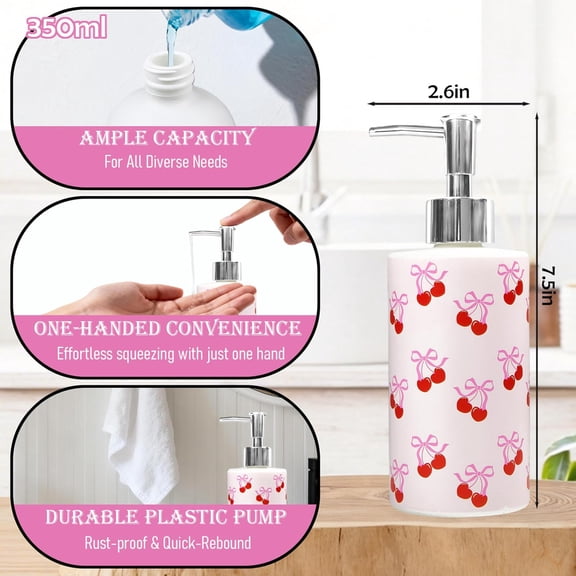 GVDCC-Pink Bow Cherry Soap Dispenser Glass Dispenser with Silver Pump Full Print Bowknot Cherries Refillable Liquid Soap Container for Home Kitchen Bathroom Countertop Decor
