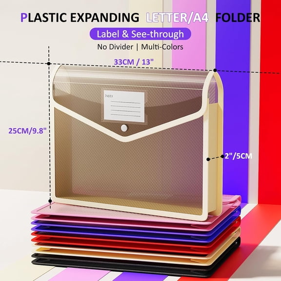 GVDCC-Plastic Expanding File Folder, Transparent Envelopes with Snap Closure, No Dividers, Large Capacity, Document Organizer for Receipts, Bills & Taxes, Fits Letter / A4 Size - 5 Pack