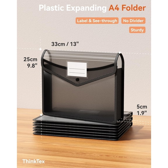 GVDCC-Plastic Expanding File Folder, Transparent envelopes with Snap Closure, No Dividers, Large Capacity, Fit Letter/A4 Size - 5 Packs