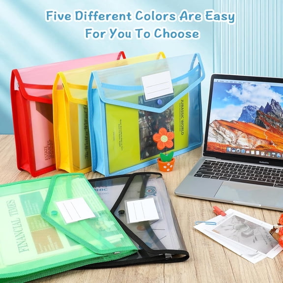 GVDCC-Plastic File Folders, 5 Pack A4 Poly Envelope Expanding File Wallet Document Folder with Snap Button Closure & Label Pocket (5 Colors)