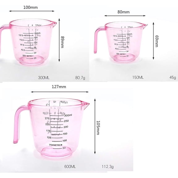 GVDCC-Plastic Measuring Cup Set, Kitchen Cooking and Baking Seasoning Liquid Measuring Cup, Multiple Scale Identification, with Handle and Triangle Mouth, 150ml, 300ml, 600ml, 3-piece Set (Pink)