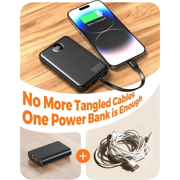 GVDCC-Portable Charger with 4 Built-in Cables Power Bank 10000mAh Fast Charging Battery Pack,LED Display Compact with Multiple USB Ports Travel Charger for iPhone,Android and Other Devices-Black