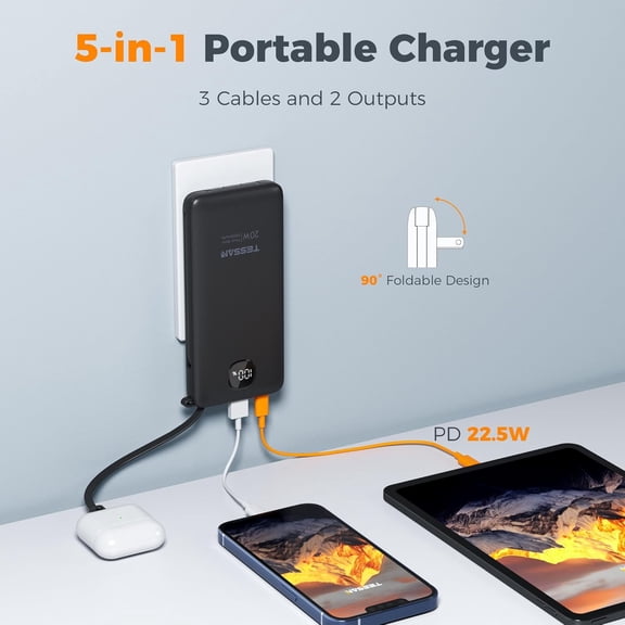 GVDCC-Portable Charger with Built in Cables, 10000mAh Power Bank Fast Charging with Foldable AC Plug, PD20W Compact Battery Pack Travel Essentials for iPhone 17/16/15 Series, Samsung, Tablets, Black