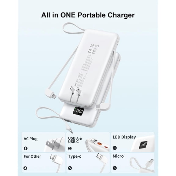 GVDCC-Portable Charger Built-in Cables and AC Wall Plug, 10000mAh 22.5W PD Fast Charging Power Bank, Lightweight Compact Battery Pack Travel Essentials for iPhone 17/16/15/14/13 Series,Samsung,Tablet
