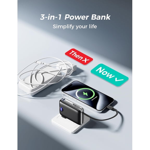 GVDCC-Portable Charger Power Bank 10000mAh, Built-in Cables & Wall Plug, 22.5W USB-C Fast Charging Battery Pack, 4 Outputs, LED Display, Mini Travel Essential for iPhone, iPad, Samsung, Obsidian