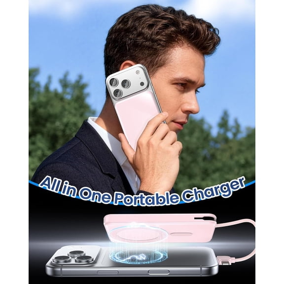 GVDCC-Portable Charger Power Bank, 10000mAh Phone Charger with Built-in Cable, 20W PD Fast Charging, Slim Battery Pack with LED Display, Travel Essential for iPhone 17/16/15/14 All Series, Pink