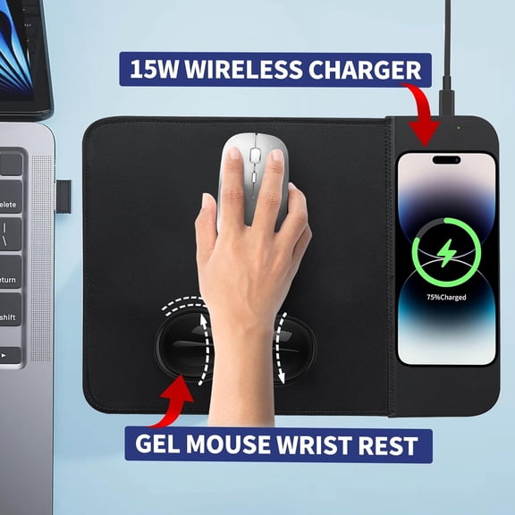 GVDCC -Portable Mouse Pad (8.66"x11.8") with 15W Wireless Charging and Gel Wrist Rest - Foldable Travel Desk Mat Compatible with iPhone/Samsung