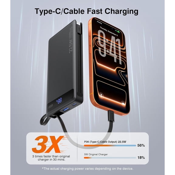 GVDCC-Power Bank with 2 Built-in Cables 10000mAh, 22.5W PD Slim Portable Charger USB C Battery Pack, Travel Essentials Fast Charging Powerbank Compatible with iPhone 17 16 15 Plus Pro Samsung iPad (1