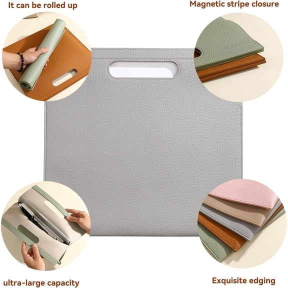 GVDCC-Premium PU Leather Waterproof File Folder & File Jackets & File Pockets Easy to Clean Document Organizer, Multi-Color Options, 13.34x12.56in, Ideal for Students & Professionals (Grey)