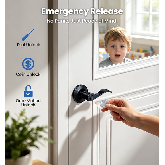 GVDCC-Privacy Door Handles Interior, Door Levers Lock Keyless for Bedroom, Bathroom, Rust-Proof Door Knobs Interior, Waterproof Zinc Alloy Wave Lever Right Left Handed, Matte Black