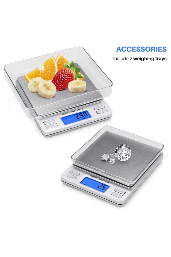 -Pro Digital Pocket Scale 2000g x 0.1g Precision Gram Scale with LCD Display, 6 Weighing Units, Hold & Count Functions Includes 2 Trays and Batteries (Silver)