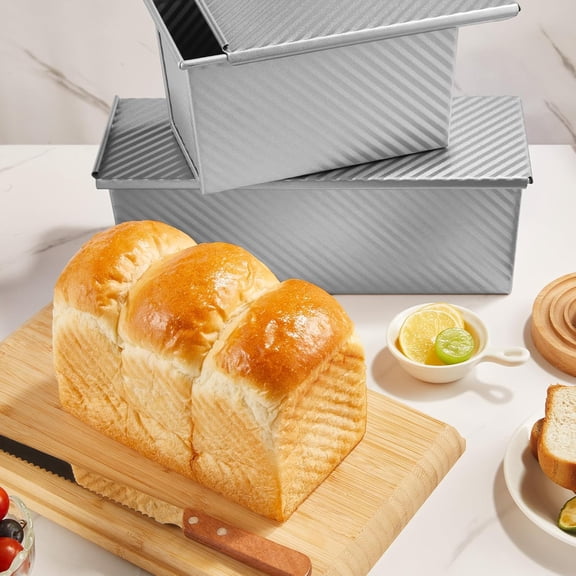 GVDCC-Pullman Loaf Pan with Lid, 1 lb Dough Capacity Non-Stick Bakeware for Baking Bread, Carbon Steel Corrugated Bread Toast Box Mold with Cover for Baking Bread, Silver