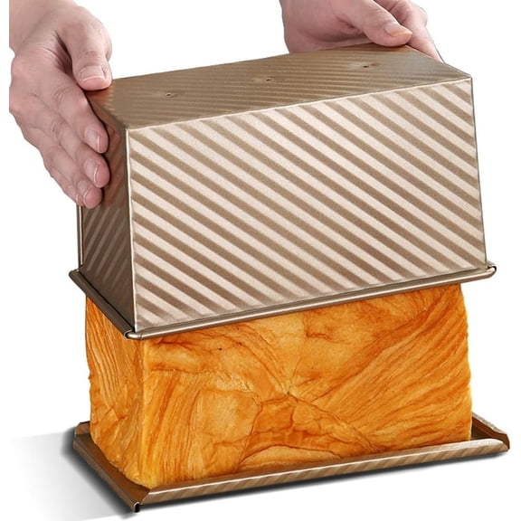 GVDCC-Pullman Loaf Pan with Lid, Non-Stick Bakeware Golden Corrugated Carbon Steel Bread Toast Box Mold with Cover for Baking Bread, 1 lb Dough Capacity
