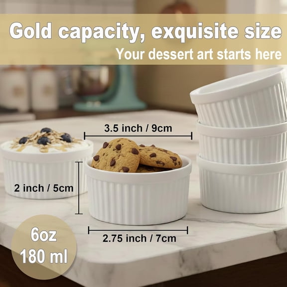 GVDCC-Ramekins 6 OZ Small Bowls, 8 PCS Creme Brulee Ramekin for Baking and Cooking, Sleek Porcelain Ramikins Oven Safe for Pudding, Sauce, Ice Cream Bowls, Custard Cups, Dessert Cups