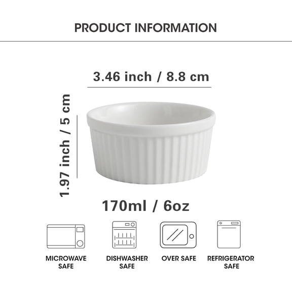 GVDCC-Ramekins 6 oz Creme Brulee Ramekins Oven Safe Bowls Set of 6 Small Ceramic Baking Bowls Porcelain Pudding Custard Souffle Bowls Dipping Sauce Bowls White Kitchen Remekins for Baking