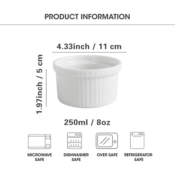 GVDCC-Ramekins 8 Oz Oven Safe - Baking Bowls Set of 6, Ceramic Creme Brulee Ramekins, Porcelain Souffles Dish, Ice Cream Bowls, White Pudding Custard Cups for Dessert, Mousse, Appetizers