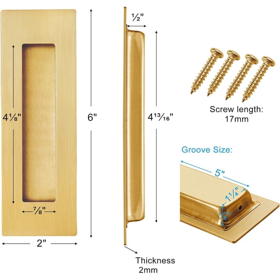 GVDCC-Recessed Finger Flush Pulls for Pocket, Sliding Barn Door - Brushed Gold Stainless Steel Rectangular Door Pulls (2 Pack) 6 Inch