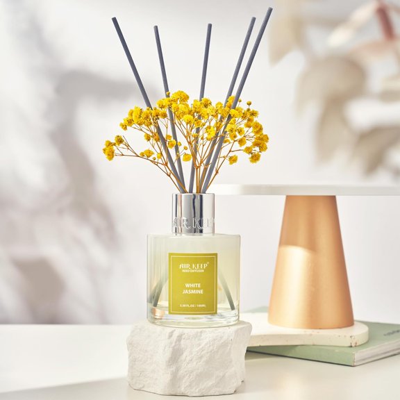 GVDCC-Reed Diffuser Set,3.38 fl oz (100 ml) - White Jasmine Oil Diffusers with 8 Reed Sticks, Home Fragrance Reed Diffuser for Bathroom Shelf Decor