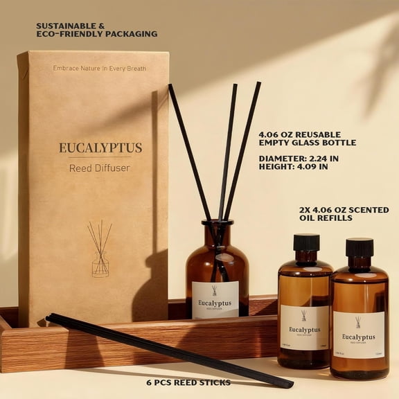 GVDCC-Reed Diffuser Set, 8.12 fl.oz Eucalyptus Scented Diffuser with Sticks, Up to 120 Days, Home Fragrance Reed Diffuser for Bathroom Shelf Decor & Room Freshener, 2 Pack