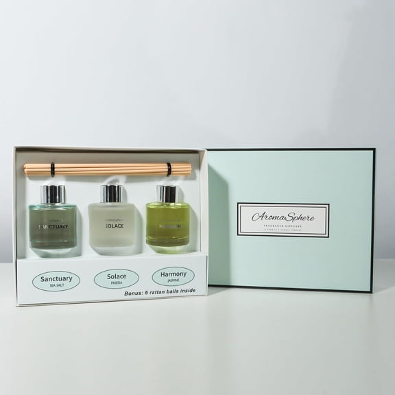 GVDCC-Reed Diffuser Set of 3 | Aromatherapy Fragrance Oil | 12 Sticks and 6 Rattan Balls, 3 x 50ML (Sea Salt, Freesia, Jasmine, Mint Green Edition)
