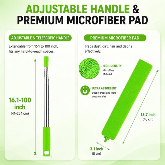 GVDCC-Retractable Gap Dust Cleaner with Extension Pole 30'' to 100'', Cleaning Tools with 3 Microfiber Dusting Cloths, Extendable Long Handle Duster for Cleaning Under Refrigerator Furniture Applianc