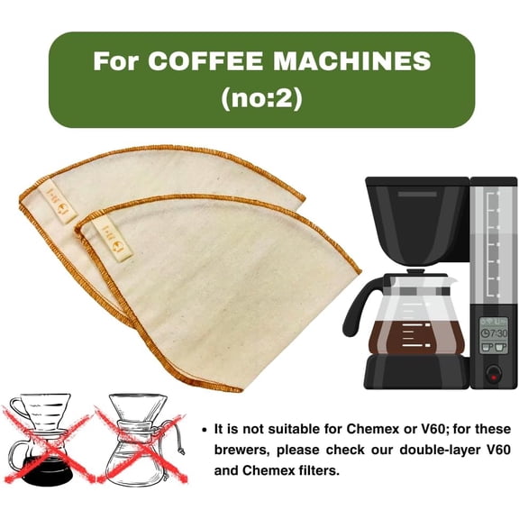 GVDCC -Reusable Organic Cotton Coffee Filters (2 Packs, No:2) - Coffee Filter Sock, Washable Coffee Filter Bag, 100% Cotton, For Coffee Machines (2 Packs, no:2)
