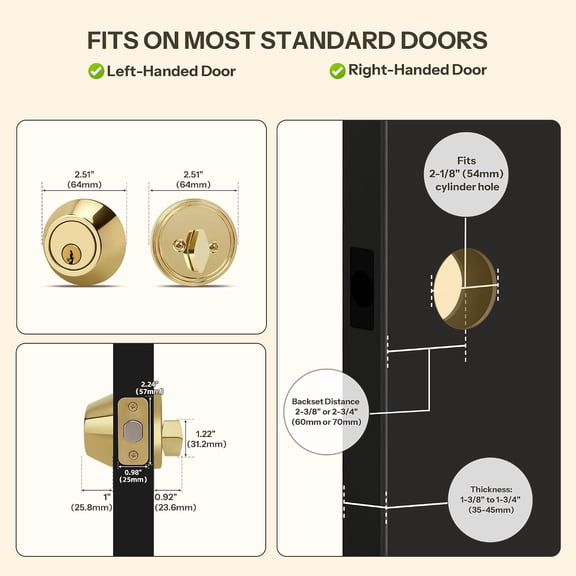 GVDCC-Round Design Single Cylinder Deadbolt with Keys, Exterior Keyed Dead Bolt Lock for Front Entrance Door Security, Polished Brass
