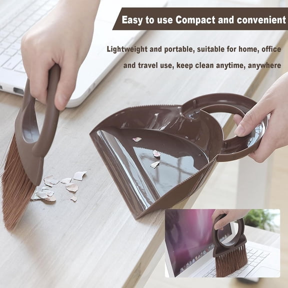 GVDCC-Round Handle Brush and Dustpan Set Small Broom & Dustpan Portable Handheld Sweeper for Desktop Sofa Floor Pet Nest (Coffee)