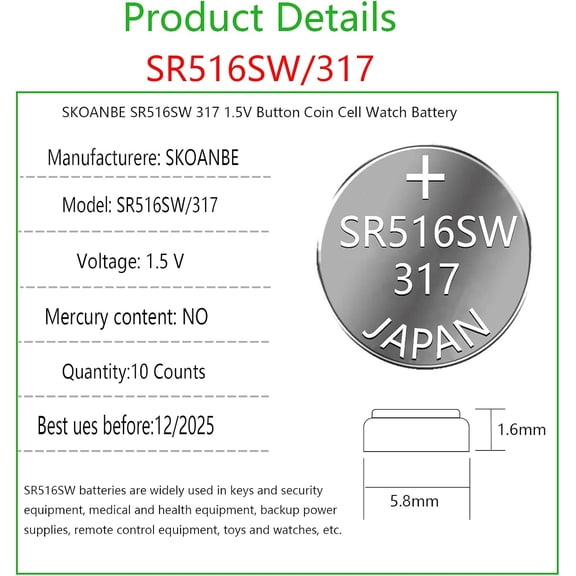 GVDCC-SR516SW 317 1.5V Button Coin Cell Silver Oxide Watch Battery10-Packs