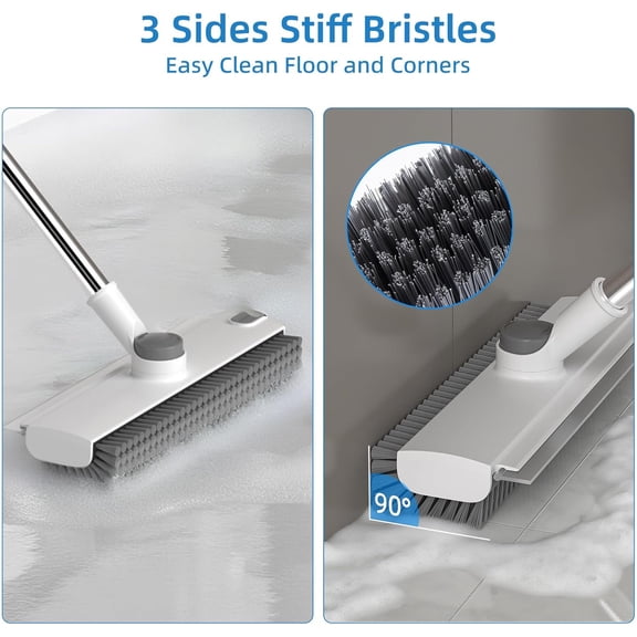 GVDCC-Scrub Brush with Long Handle, Floor Scrub Brush Squeegee Broom for Cleaning, 3 in 1 Shower Scrubber Floor Broom Squeegee for Concrete Tile Wall Deck Patio White