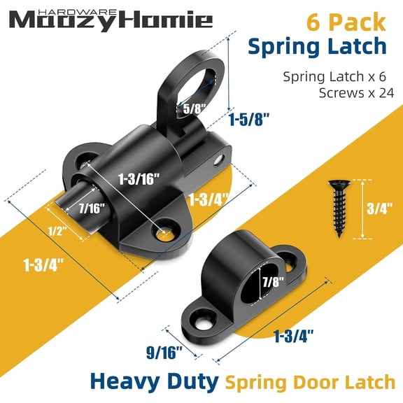 GVDCC-Self-Closing Latches, Black Spring Door Lock, Aluminum Alloy Resilient Bolt Latch for Gate,Window and Cabinet, Security Automatic Spring Barrel Slide Door Lock with Screws, 6 Pack