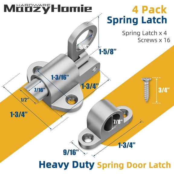 GVDCC-Self-Closing Latches, Silver Spring Door Lock, Aluminum Alloy Resilient Bolt Latch for Gate,Window and Cabinet, Security Automatic Spring Barrel Slide Door Lock with Screws, 4 Pack