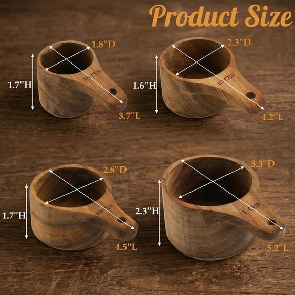 GVDCC-Set of 4 Acacia Wood Measuring Cups, Stackable Kitchen Measure Tool with Handle, Baking and Cooking Measuring Set, Handcrafted with Polish Finish, 4 Size