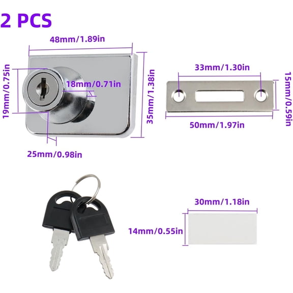 GVDCC-Showcase Lock Stainless Steel No Drill Glass Door Lock Display Cabinet Double Door Rectangular Locks with Key for 0.20-0.31 inches Glass, Key Different,2PCS(Silver)