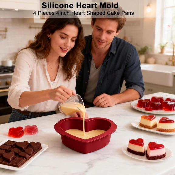 GVDCC-Silicone Heart Shaped Cake Pans Set of 4, NonStick Easy Release Heart Silicone Mini Cake Molds for Baking Bread, 4X2 inch Brownies Pan Set for Oven, Microwave, Air Fryer and Freezer