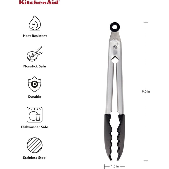 GVDCC-Silicone Tipped Stainless Steel Tongs, Black, 9 Inch