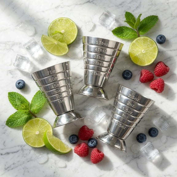 GVDCC-Silver Multi Unit Measuring Cup, Stainless Steel Bar Jigger with ml/oz/Tbsp Markings, 2.5 oz, 75 ml, 5 Tbsp, Cocktail Jigger & Kitchen Measuring Cup with Recipe Guide for Bartending Bar