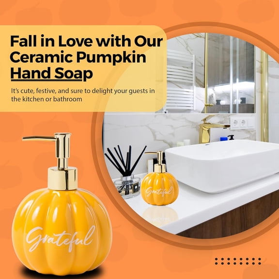 GVDCC-Simple Pleasures Grateful Pumpkin Spice Scented Liquid Hand Soap Dispenser - Autumn & Halloween Ceramic Novelty Decorative Refillable Hand Pump for Kitchen Countertops and Bathroom Sinks