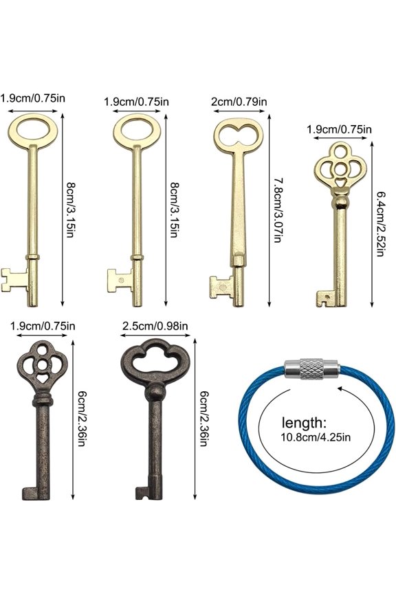 -Skeleton Key Set, 6 Pcs Hollow Barrel Skeleton Keys with Wire Rope Keychain, Antique Vintage Key Kit for Vintage Furniture and Locks