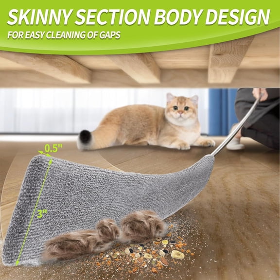 GVDCC-Skinny Duster with Extension Pole for Under Furniture, Under Appliance Cleaning Tool with 3 Microfiber Dusting Cloths, Retractable Flat Duster for Under Refrigerator, Tight Spaces, Gap